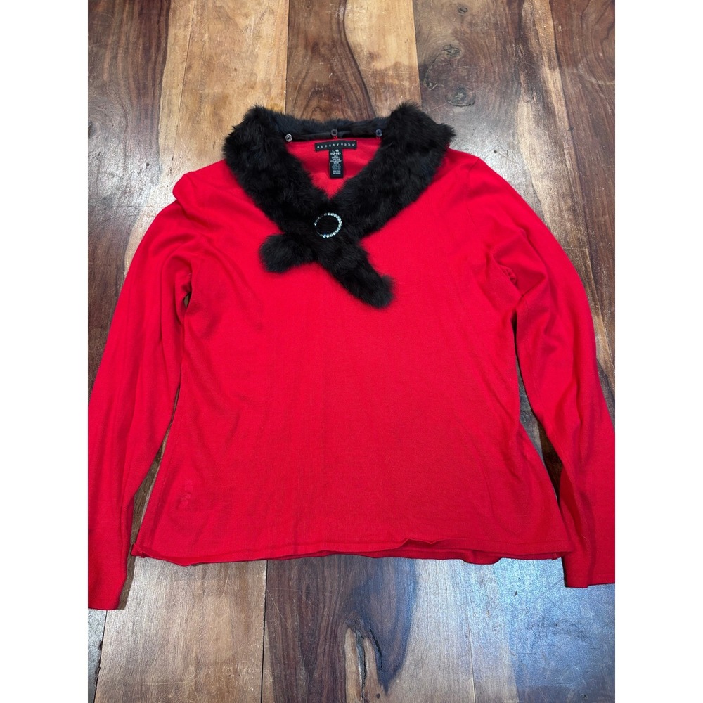 APOSTROPHE knit cardigan sweater womens L red real fox fur collar with brooch